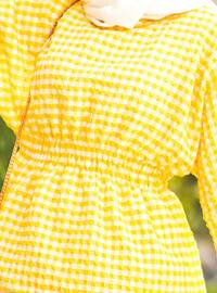 Checked Blouse With Drawstring Elastic Waist And Cuffs Yellow