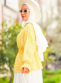 Checked Blouse With Drawstring Elastic Waist And Cuffs Yellow