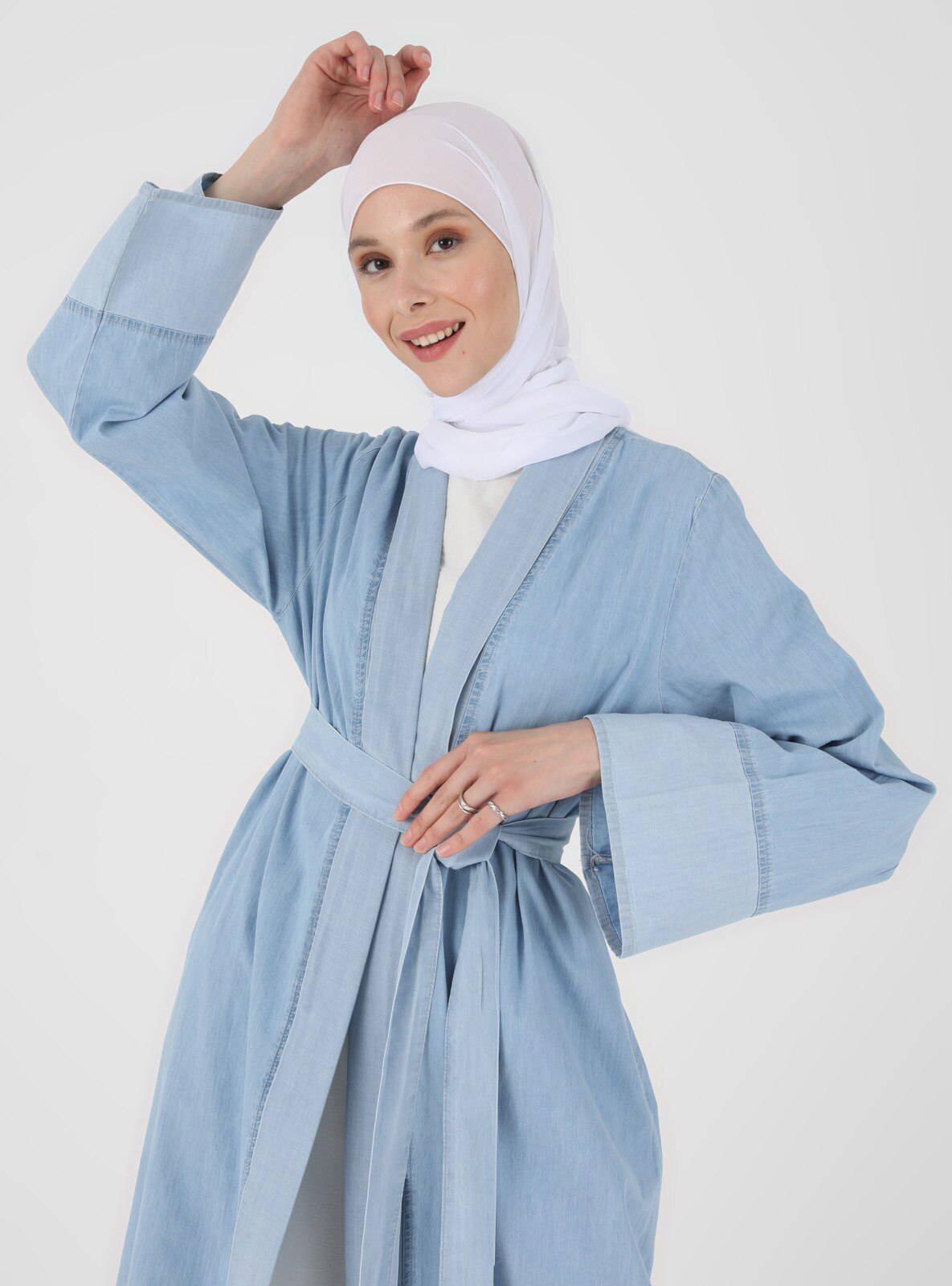 Blue - Unlined - V neck Collar - Denim - Cotton - Abaya