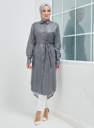  - Silvery - Point Collar - Unlined - Cotton - Modest Dress - Topless