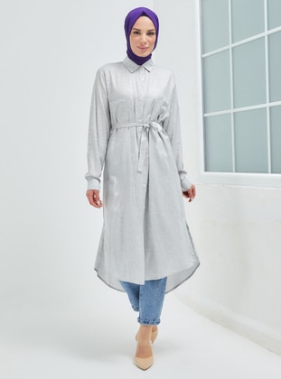 Gray - Silvery - Point Collar - Unlined - Cotton - Modest Dress - Topless