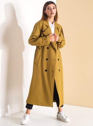 Mustard - Houndstooth - Fully Lined - Shawl Collar - Cotton - Viscose - Trench Coat  - Sahra Afra