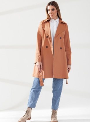 Tan - Fully Lined - Shawl Collar - Cotton - Trench Coat - SAHRA AFRA