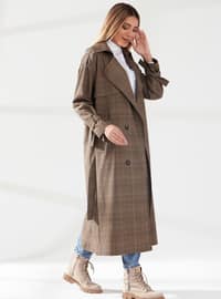 Brown - Plaid - Fully Lined - Shawl Collar - Cotton - Viscose - Trench Coat