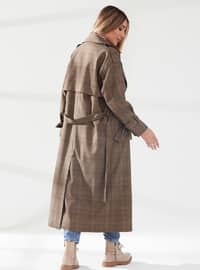 Brown - Plaid - Fully Lined - Shawl Collar - Cotton - Viscose - Trench Coat
