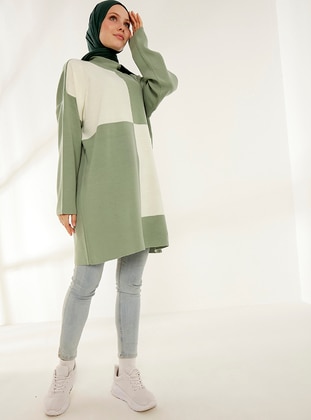 Green Almond - Checkered - Polo neck - Unlined - Knit Tunics - Womayy
