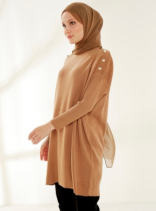 Sweater Tunic With Ribbed Sleeves Biscuit