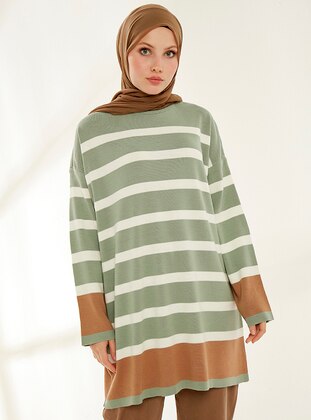 Green Almond - Stripe - Polo neck - Unlined - Knit Tunics - Womayy