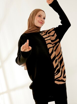 Black - Zebra - Polo neck - Unlined - Knit Tunics - Womayy