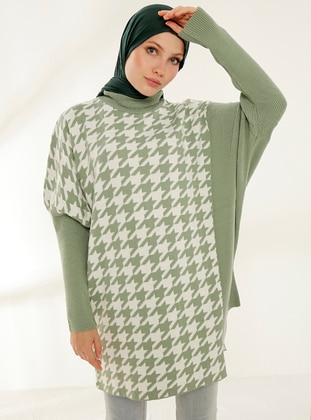 Green Almond - Houndstooth - Polo neck - Unlined - Knit Tunics - Womayy