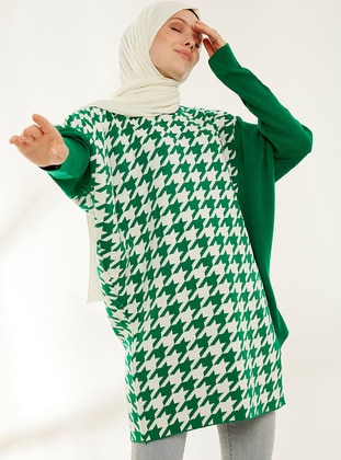 Emerald - Houndstooth - Polo neck - Unlined - Knit Tunics - Womayy
