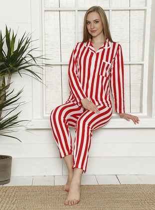 Red - Stripe - Pyjama Set - ESTİVA