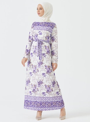 Lilac - Floral - Crew neck - Unlined - Modest Dress - Tofisa
