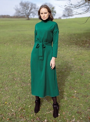 Green - Crew neck - Unlined - Modest Dress - Al Tatari