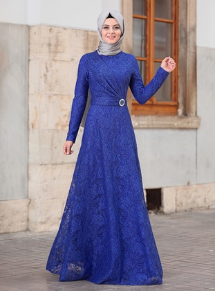 Fully Lined - Saxe - Crew neck - Modest Evening Dress - Ahunisa