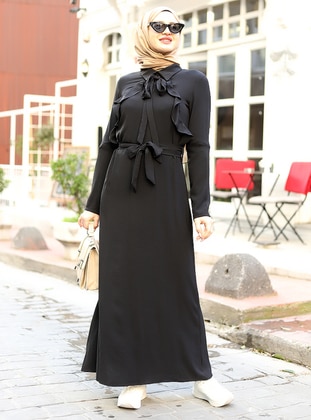 Black - Point Collar - Unlined - Modest Dress - Womayy