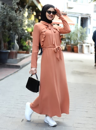 Salmon - Point Collar - Unlined - Modest Dress - Womayy
