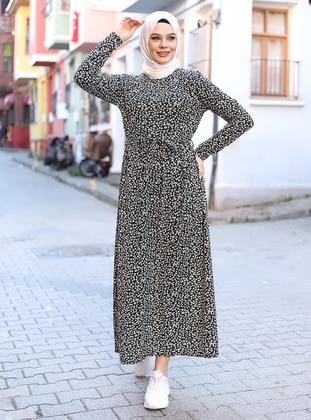 Black - Floral - Crew neck - Unlined - Modest Dress - Womayy