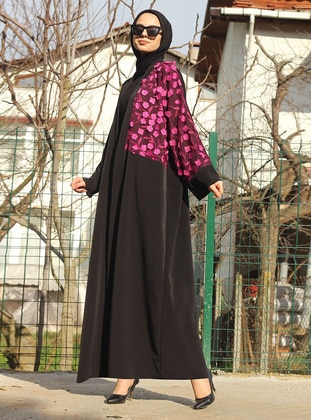 Fuchsia - Black - Unlined - V neck Collar - Abaya - Melek Aydın