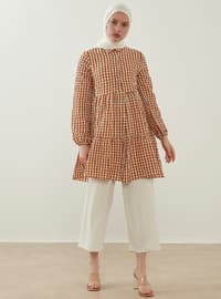Tan - Checkered - Point Collar - Cotton - Tunic