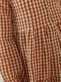 Tan - Checkered - Point Collar - Cotton - Tunic