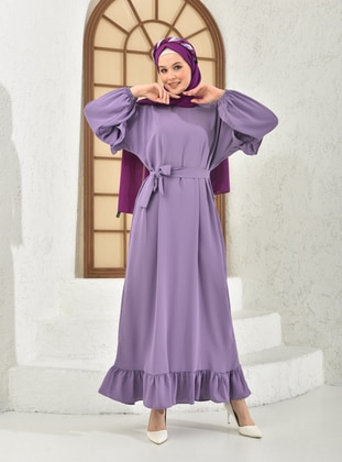Purple - Crew neck - Unlined - Modest Dress - Tuncay