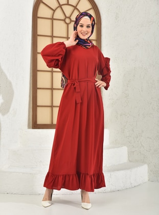 Skirt And Sleeve Ruffle Casual Modest Dress Burgundy