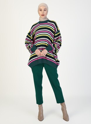 Green - Stripe - Crew neck - Unlined - Knit Tunics - TEKBİR