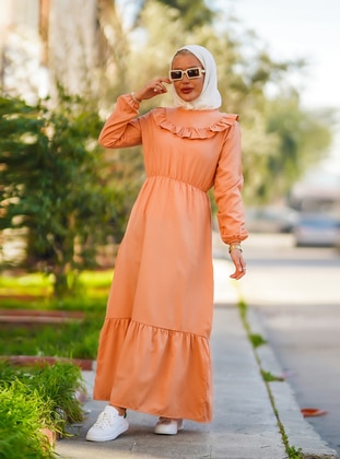 Front Pleated Long Modest Dress With Elastic Waist Salmon