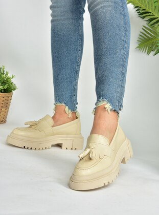 Fringed Thick Soled Loafers Beige