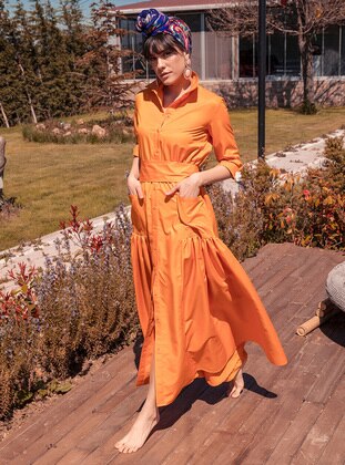 Orange - Unlined - Point Collar - Modest Dress - BERRENstudio