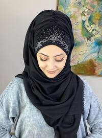Flower Patterned Instant Practical Shawl Black With Silver Color Color Stones Instant Scarf