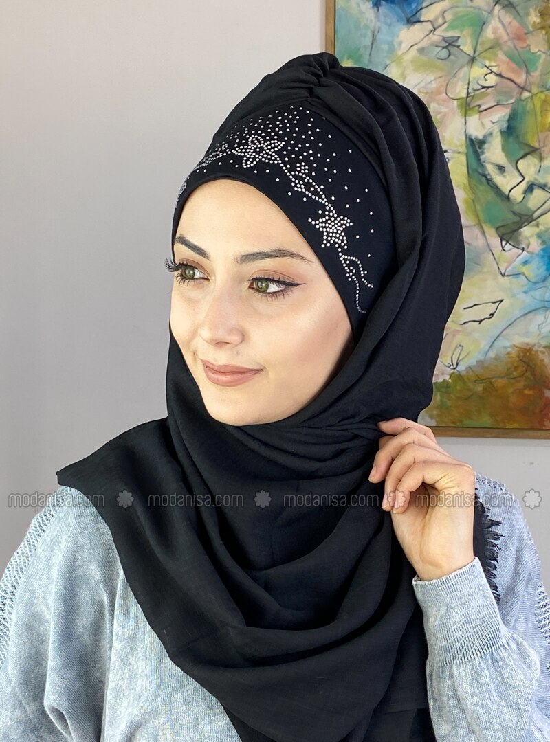 Flower Patterned Instant Practical Shawl Black With Silver Color Color Stones Instant Scarf