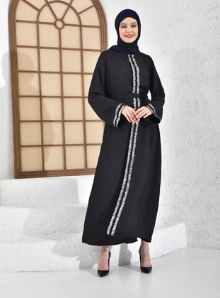 Double Sequin Striped Belt Detailed Abaya Black Silver Color Color 1