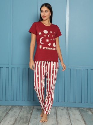 Red - Crew neck - Printed - Pyjama Set - AKBENİZ