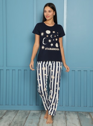 Navy Blue - Crew neck - Printed - Pyjama Set - AKBENİZ
