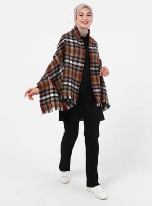 Brown - Checkered - Unlined - Poncho - Tavin