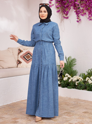 Blue - Point Collar - Denim - Cotton - Modest Dress - Neways