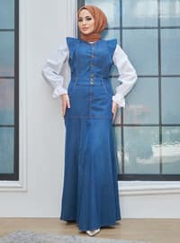 Denim Modest Dress With Detailed Shoulders Dark Blue