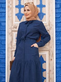 Navy Blue - Point Collar - Denim - Cotton - Modest Dress