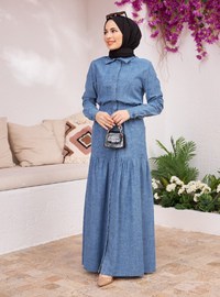 Blue - Point Collar - Denim - Cotton - Modest Dress