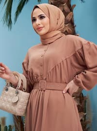 Button Detailed Modest Dress Biscuit