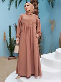 Button Detailed Modest Dress Biscuit
