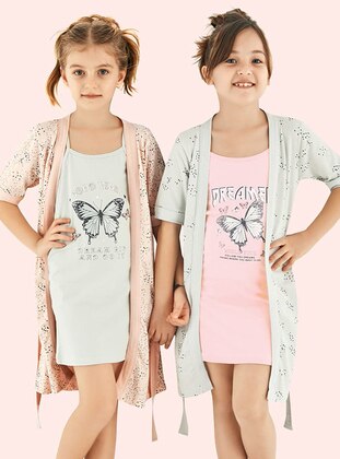 Multi - Crew neck - Unlined - Mint - Cotton - Girls` Pyjamas - Donella