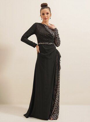 Black - Leopard - Fully Lined - Crew neck - Modest Evening Dress - By Saygı