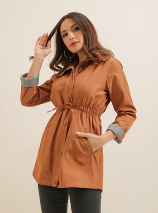 Brown - Fully Lined - Polo neck - Trench Coat - By Saygı
