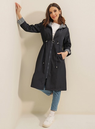 Navy Blue Fully Lined Trench Coat, Raleigh Long Trench Coat With Removable Liner