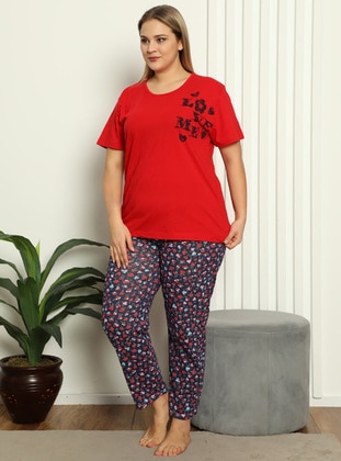 Red - Multi - Plus Size Pyjamas - AKBENİZ