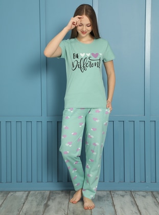 Turquoise - Crew neck - Multi - Pyjama Set - AKBENİZ