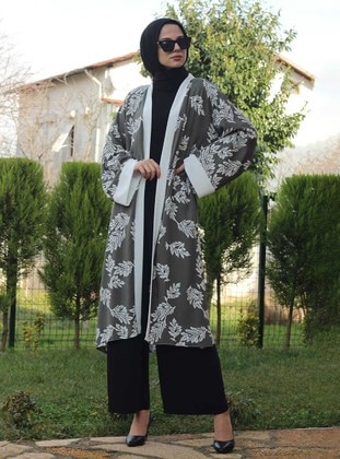 Unlined - Floral - White - Green - V neck Collar - Kimono - Melek Aydın